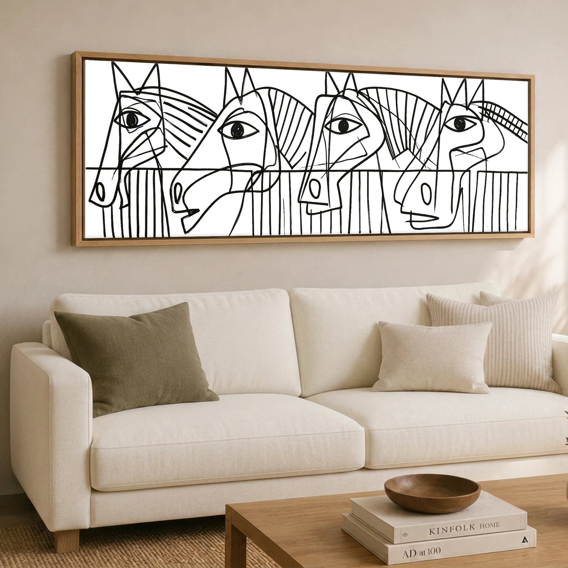 Modern Yard Lineup Horse Stable panoramic canvas wall art displayed above a sofa