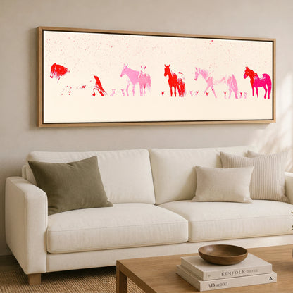 Crimson Ink Procession Horse Landscape panoramic canvas wall art displayed above a sofa
