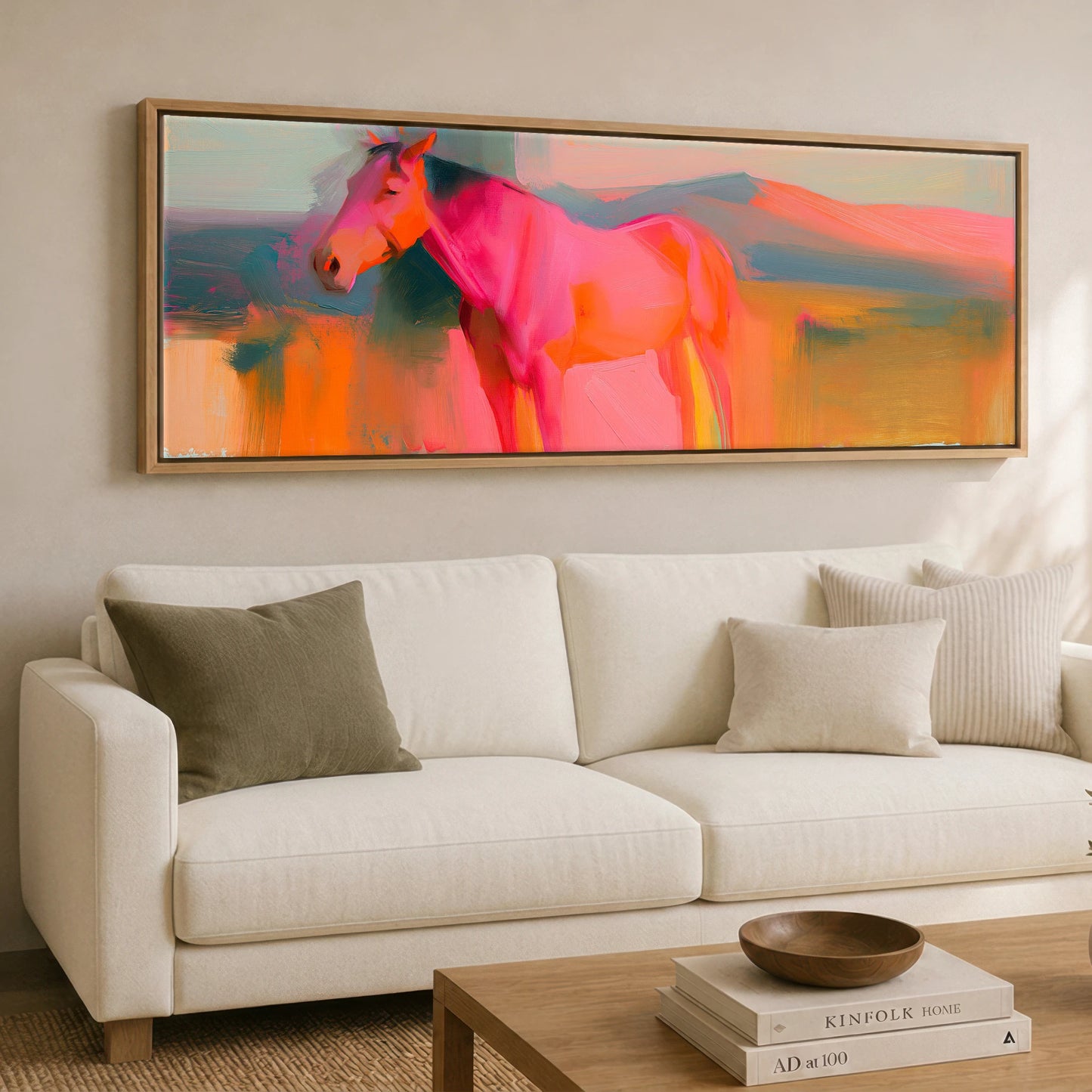 Vibrant Equine Horizon Horse Landscape panoramic canvas wall art displayed above a sofa