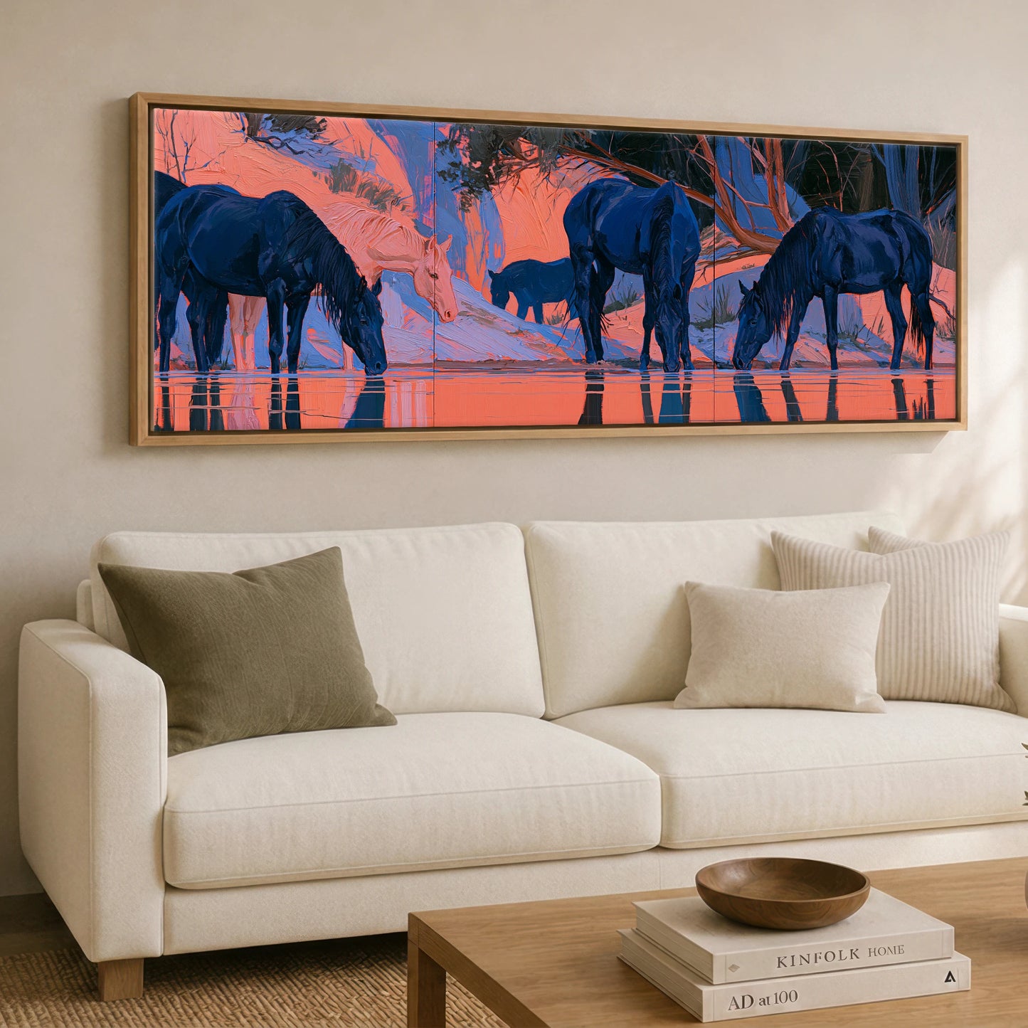 Indigo Herd in Winter Light Wild Horses panoramic canvas wall art displayed above a sofa