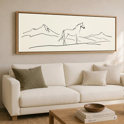 Minimalist Equine Horizon Horse Landscape panoramic canvas wall art displayed above a sofa