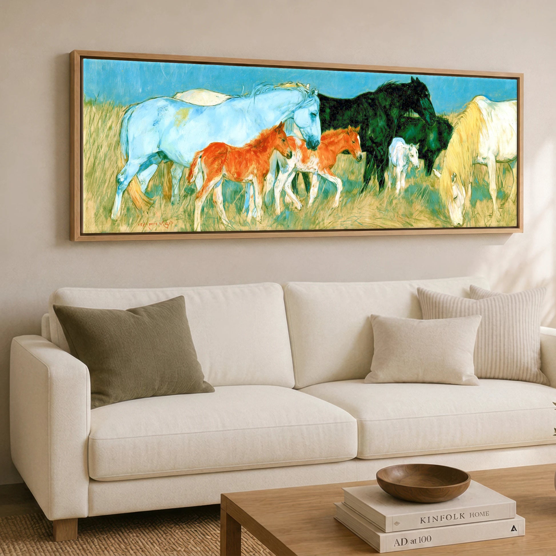 Vibrant Pasture Herd Mare & Foal panoramic canvas wall art displayed above a sofa