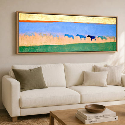 Cobalt Horizon Herd Horse Landscape panoramic canvas wall art displayed above a sofa