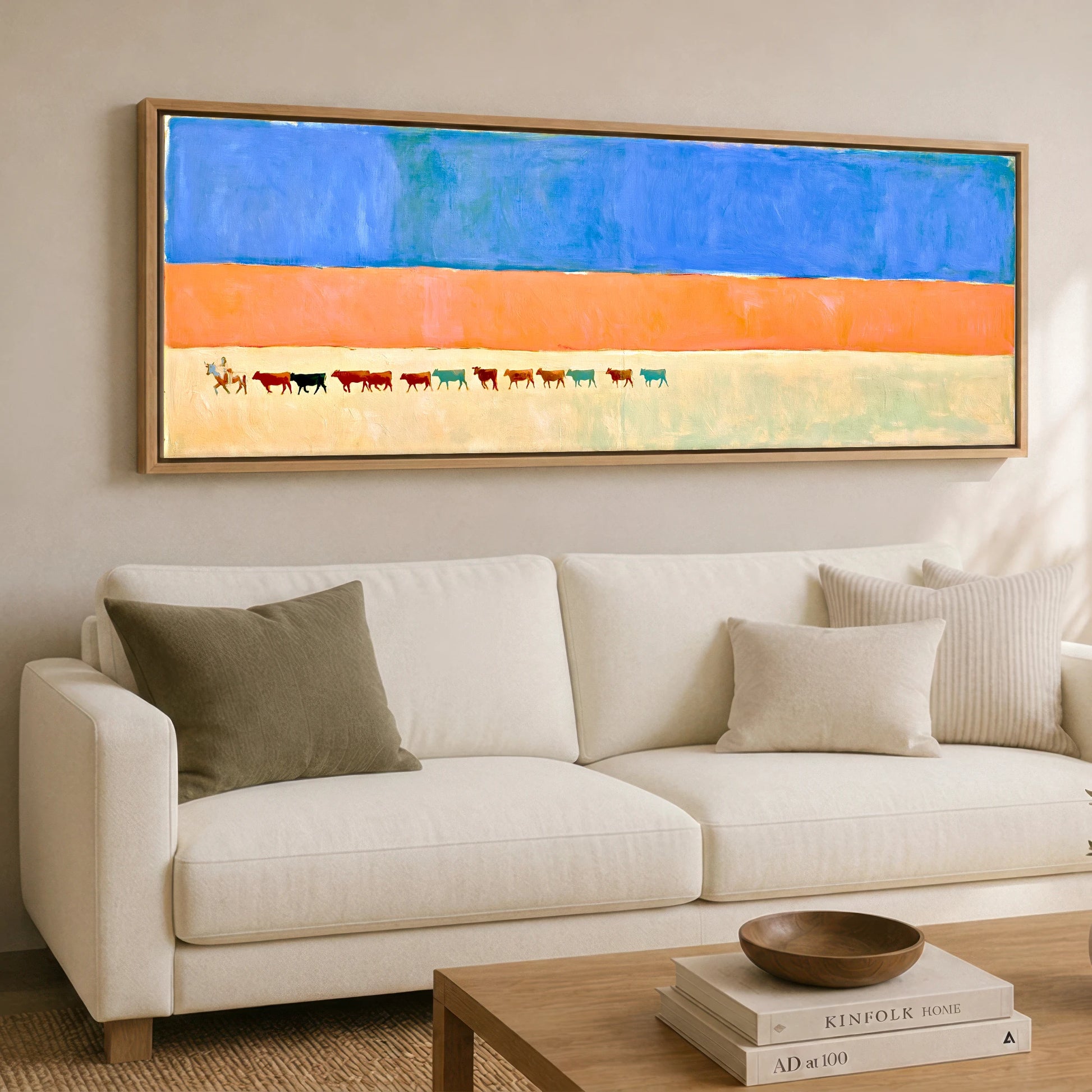 Painted Desert Drive Western Horse panoramic canvas wall art displayed above a sofa