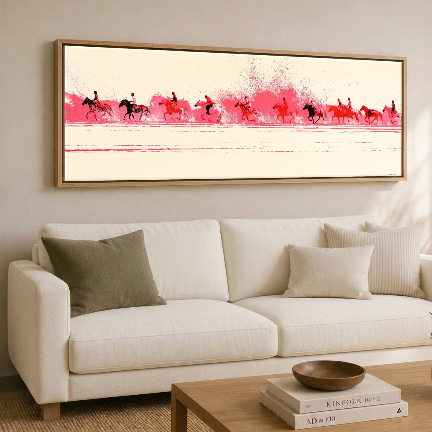 Magenta Surf Gallop Beach Horse panoramic canvas wall art displayed above a sofa