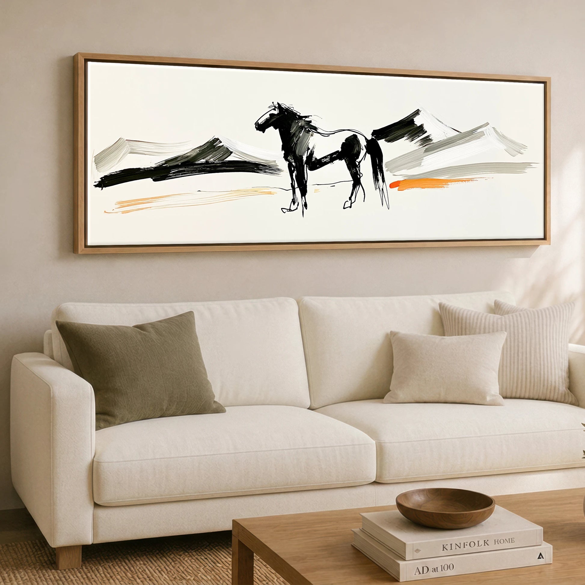 Ink and Amber Horizon Horse Landscape panoramic canvas wall art displayed above a sofa