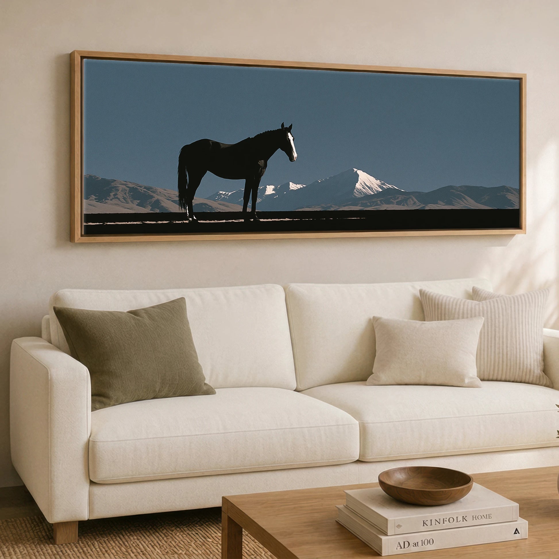 Summit Silhouette Horse Landscape panoramic canvas wall art displayed above a sofa