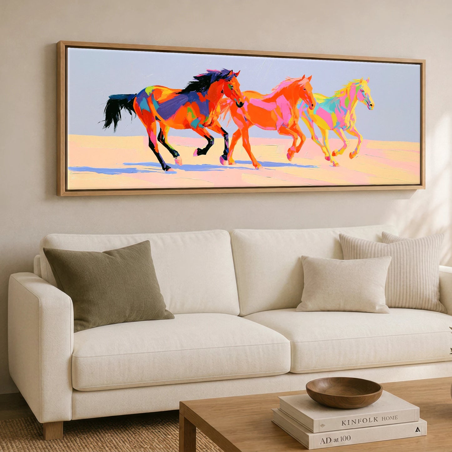Vivid Stride Horse Landscape panoramic canvas wall art displayed above a sofa