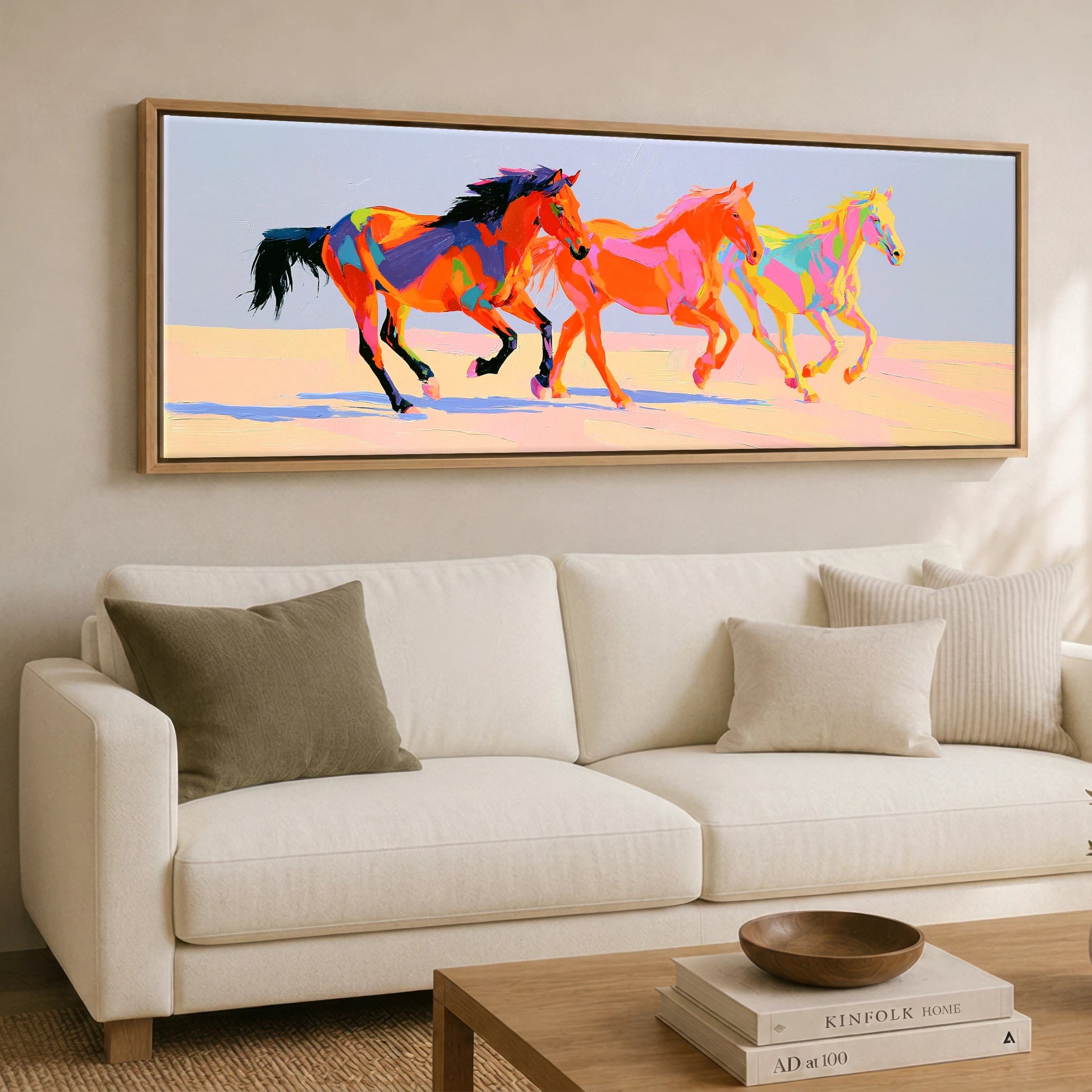 Vivid Stride Horse Landscape panoramic canvas wall art displayed above a sofa