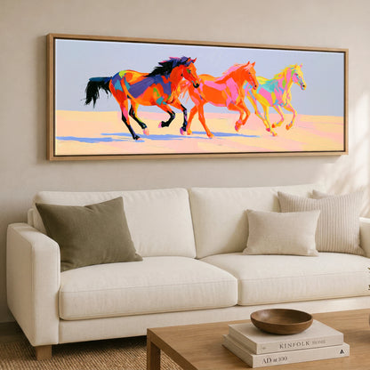 Vivid Stride Horse Landscape panoramic canvas wall art displayed above a sofa