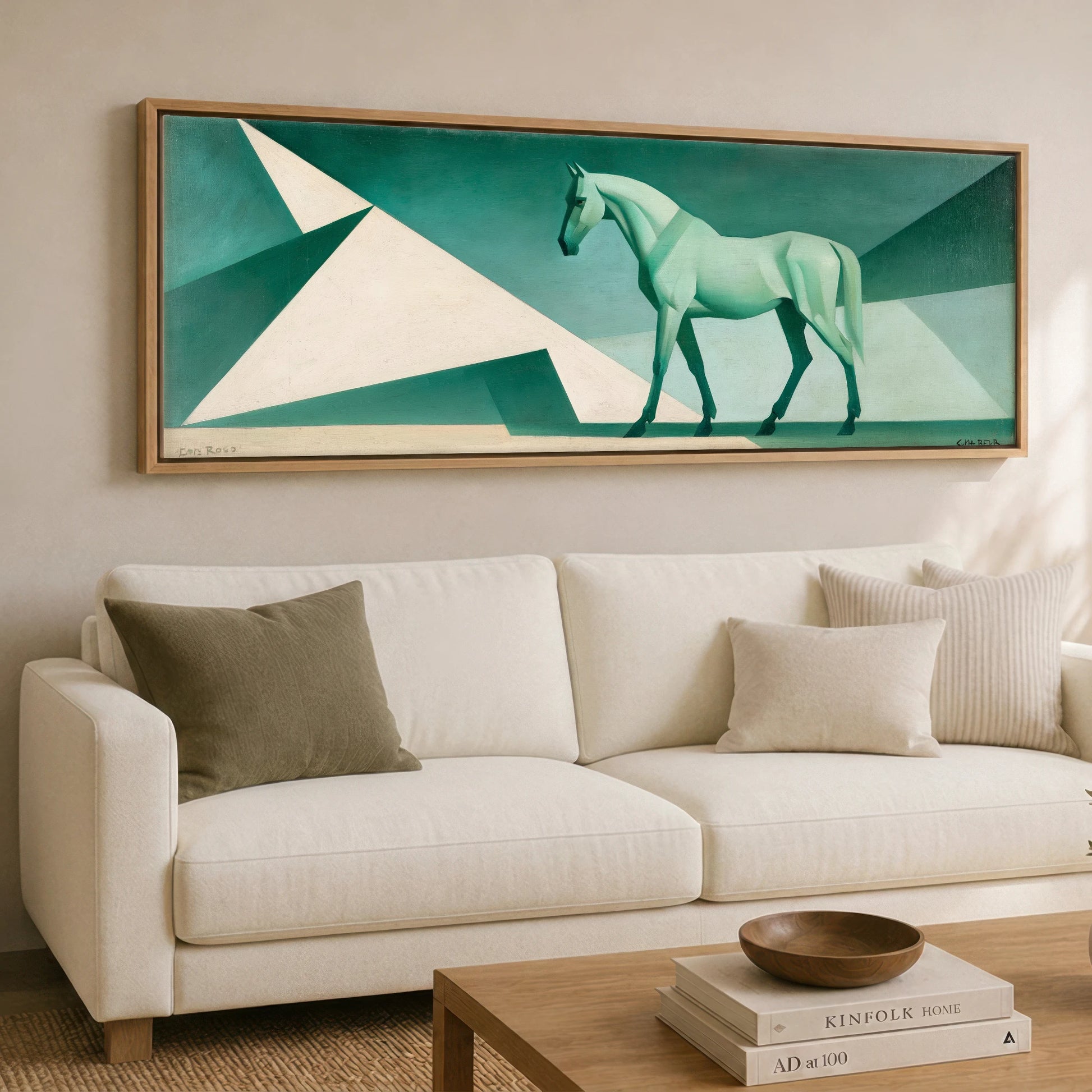 Geometric Green Striding Horse Horse Landscape panoramic canvas wall art displayed above a sofa