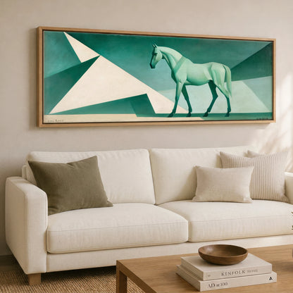 Geometric Green Striding Horse Horse Landscape panoramic canvas wall art displayed above a sofa