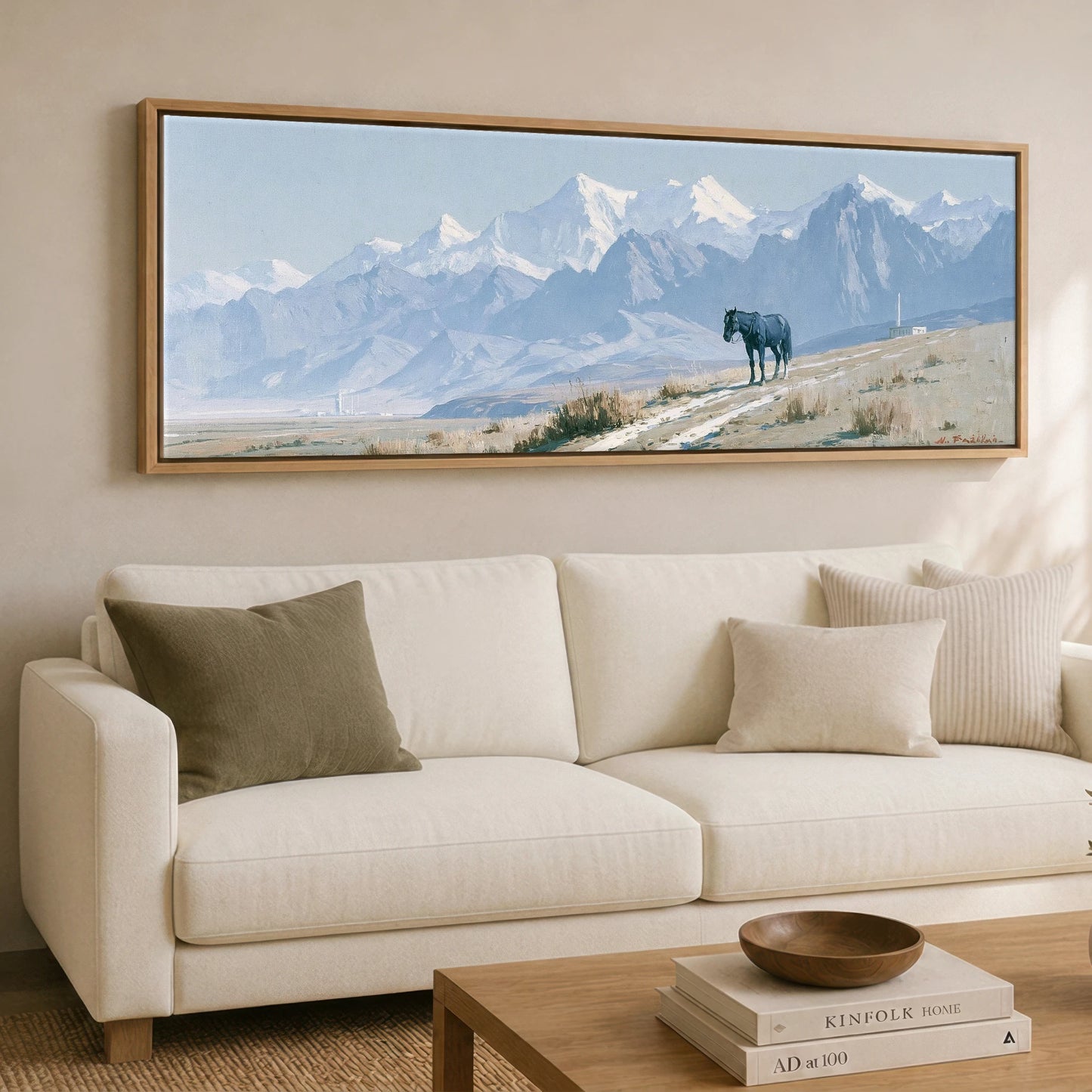 Mountain Solitude Horse Landscape panoramic canvas wall art displayed above a sofa