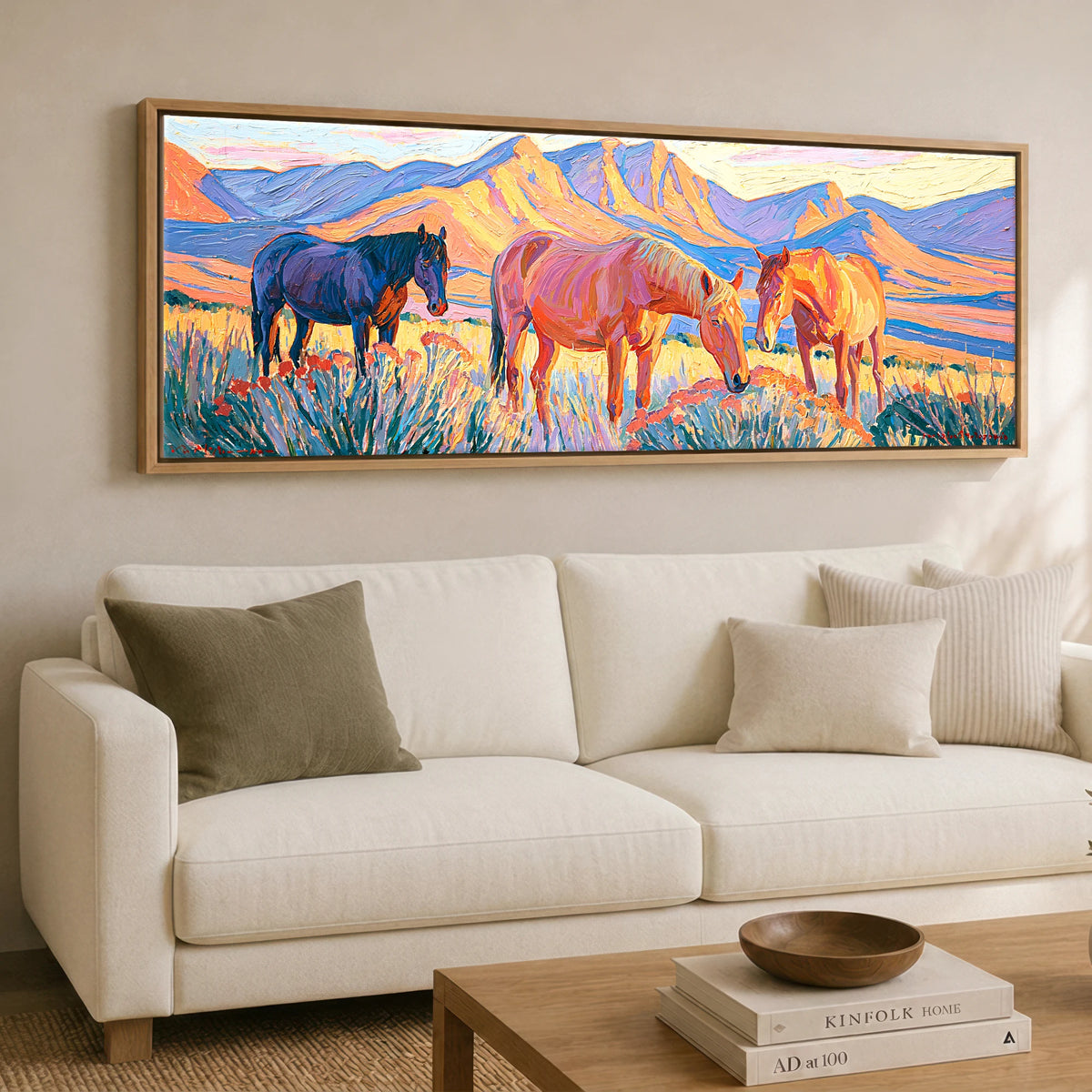 Vibrant Mountain Pasture Horse Landscape panoramic canvas wall art displayed above a sofa