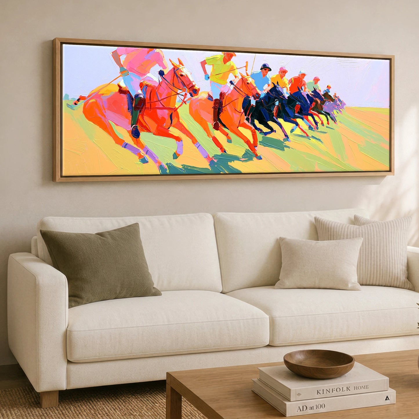 The Polo Charge Polo Horse panoramic canvas wall art displayed above a sofa