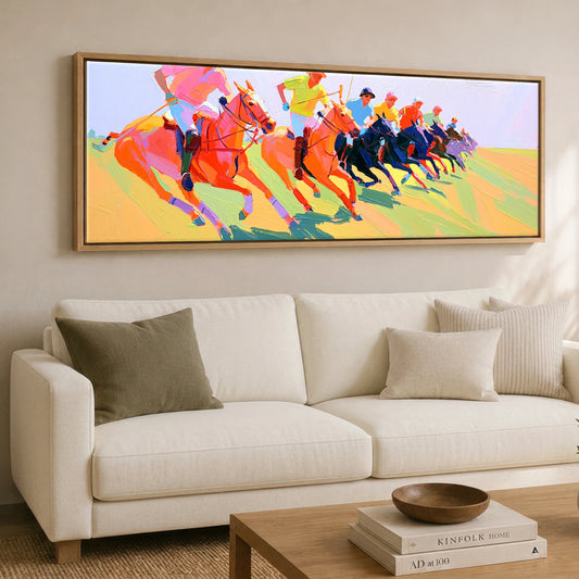 The Polo Charge Polo Horse panoramic canvas wall art displayed above a sofa