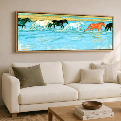 Painted Herd in Azure Horse Landscape panoramic canvas wall art displayed above a sofa
