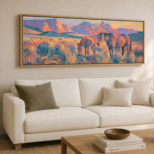 Painted Valley Grazing Horse Landscape panoramic canvas wall art displayed above a sofa