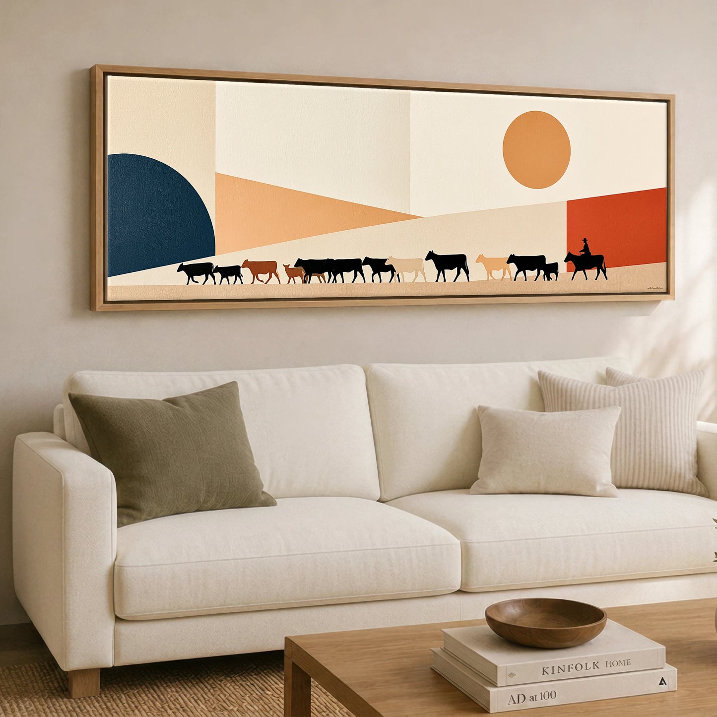 Mid-Century Cattle Drive Western Horse panoramic canvas wall art displayed above a sofa
