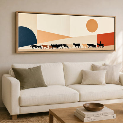 Mid-Century Cattle Drive Western Horse panoramic canvas wall art displayed above a sofa