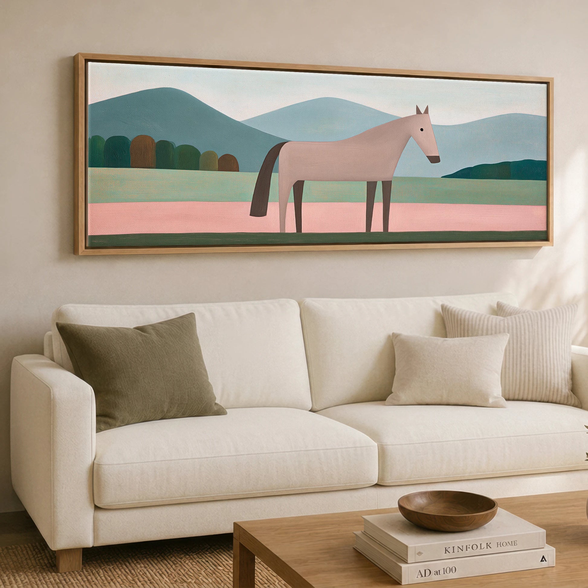 Minimalist Earthy Equine Horse Landscape panoramic canvas wall art displayed above a sofa