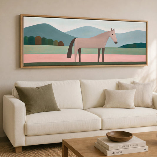 Minimalist Earthy Equine Horse Landscape panoramic canvas wall art displayed above a sofa