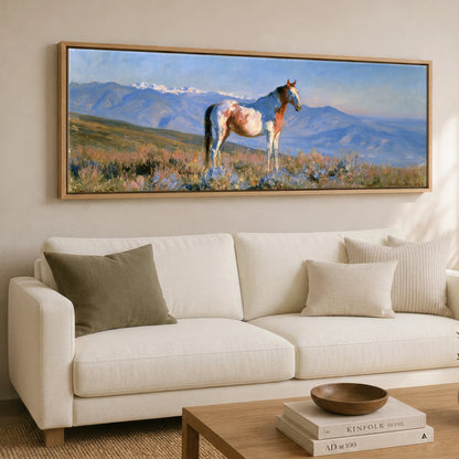 High Country Spirit Horse Landscape panoramic canvas wall art displayed above a sofa