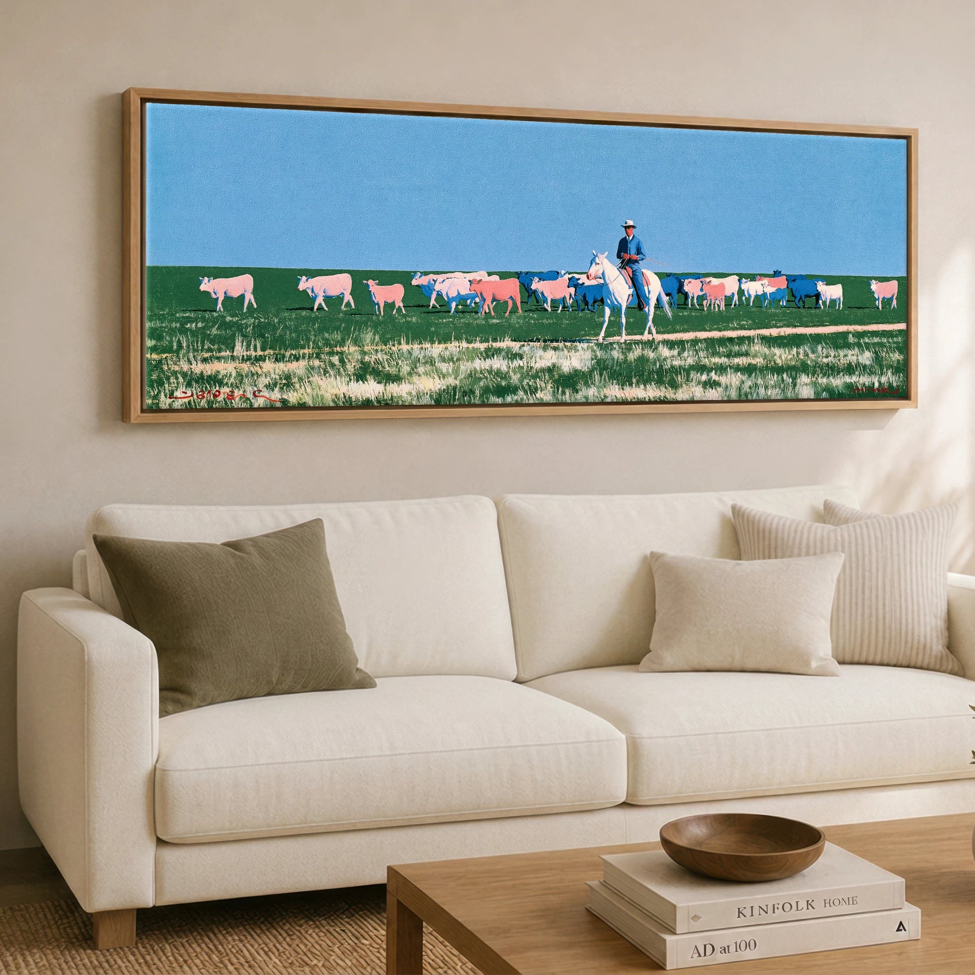 Big Sky Drover Western Horse panoramic canvas wall art displayed above a sofa