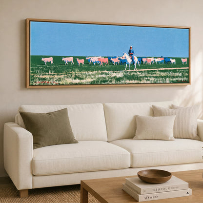Big Sky Drover Western Horse panoramic canvas wall art displayed above a sofa