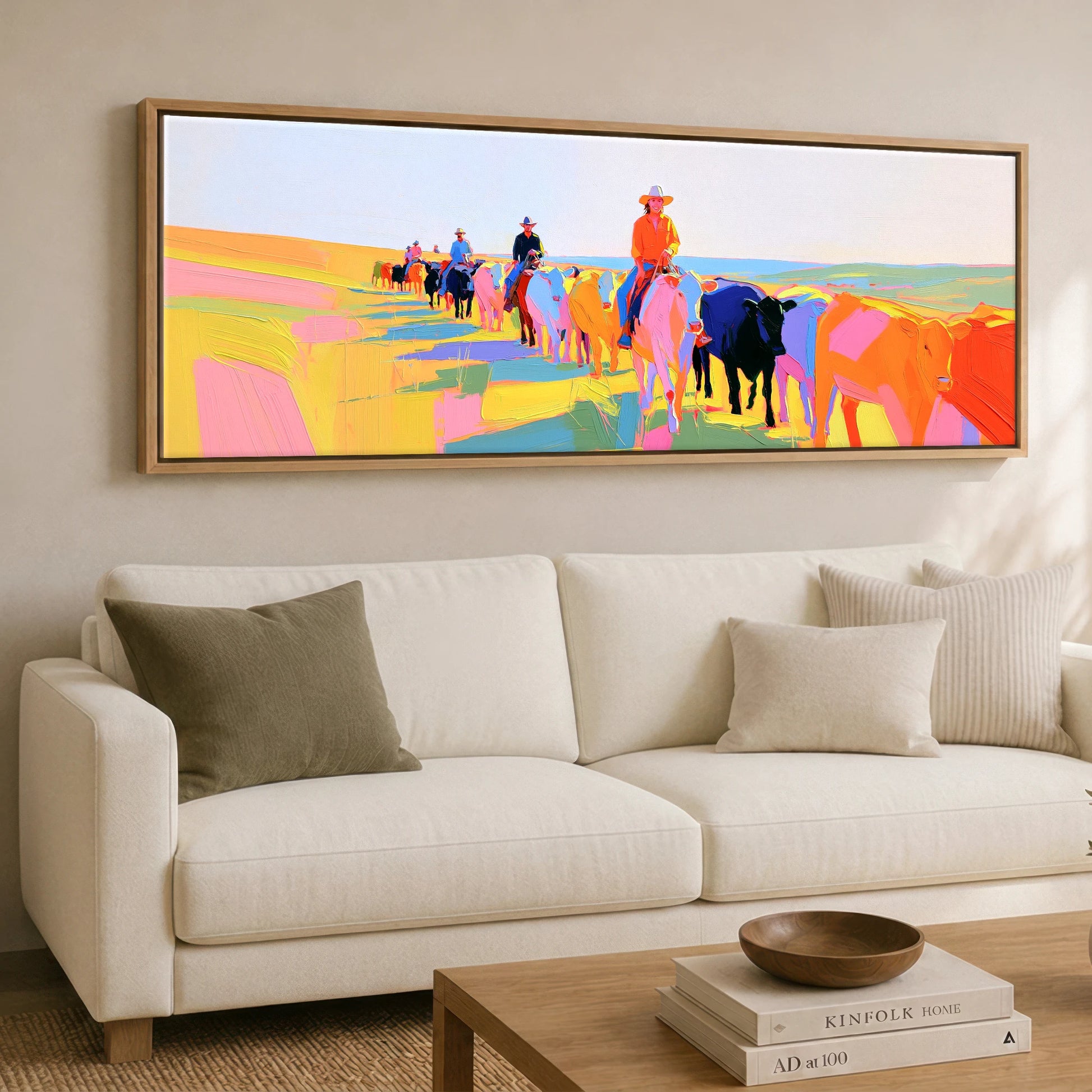 Painted Western Range Western Horse panoramic canvas wall art displayed above a sofa