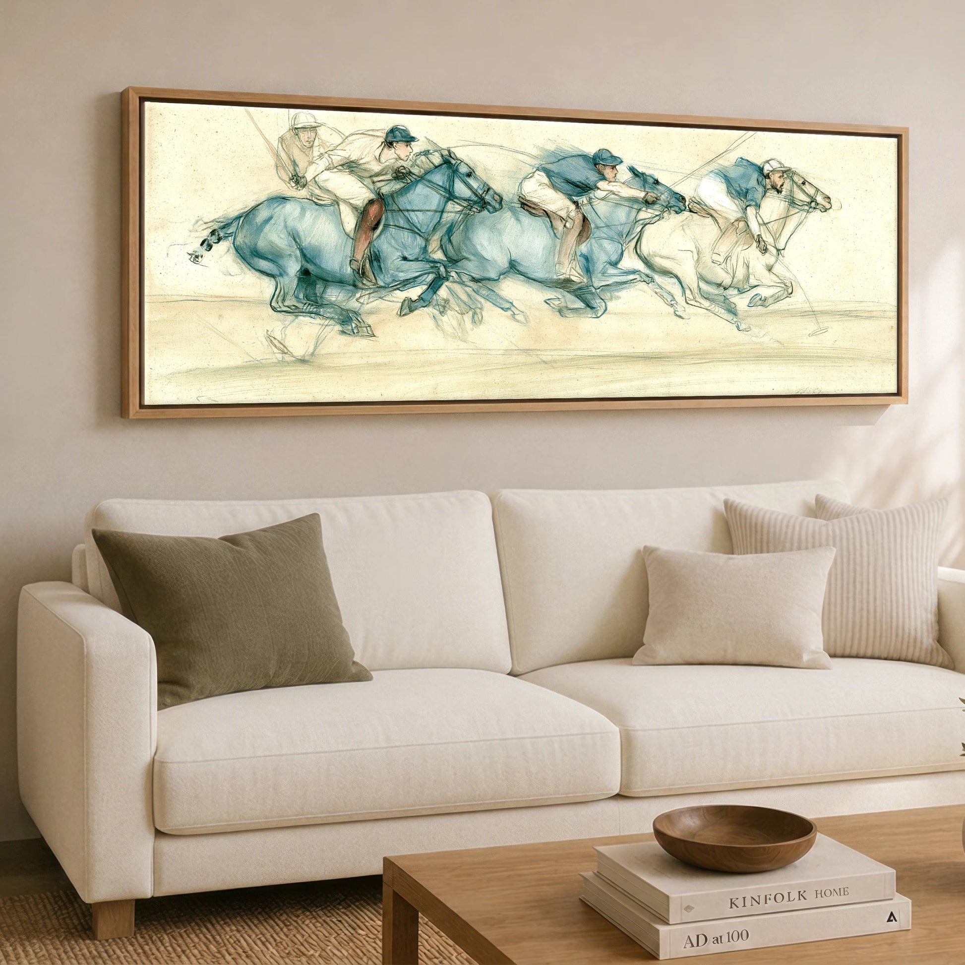The Blue Chukka Polo Horse panoramic canvas wall art displayed above a sofa