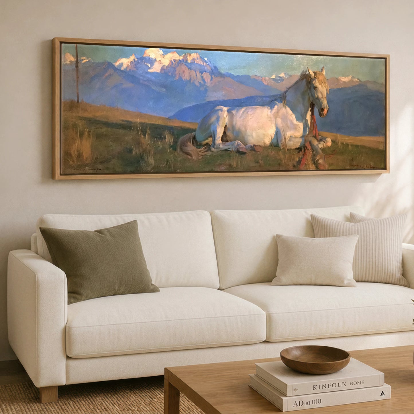 Alpine Slumber Horse Landscape panoramic canvas wall art displayed above a sofa
