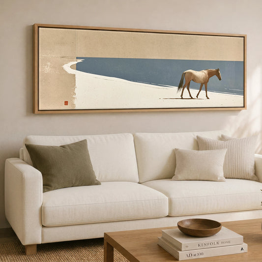 Quiet Shoreline Journey Horse Landscape panoramic canvas wall art displayed above a sofa