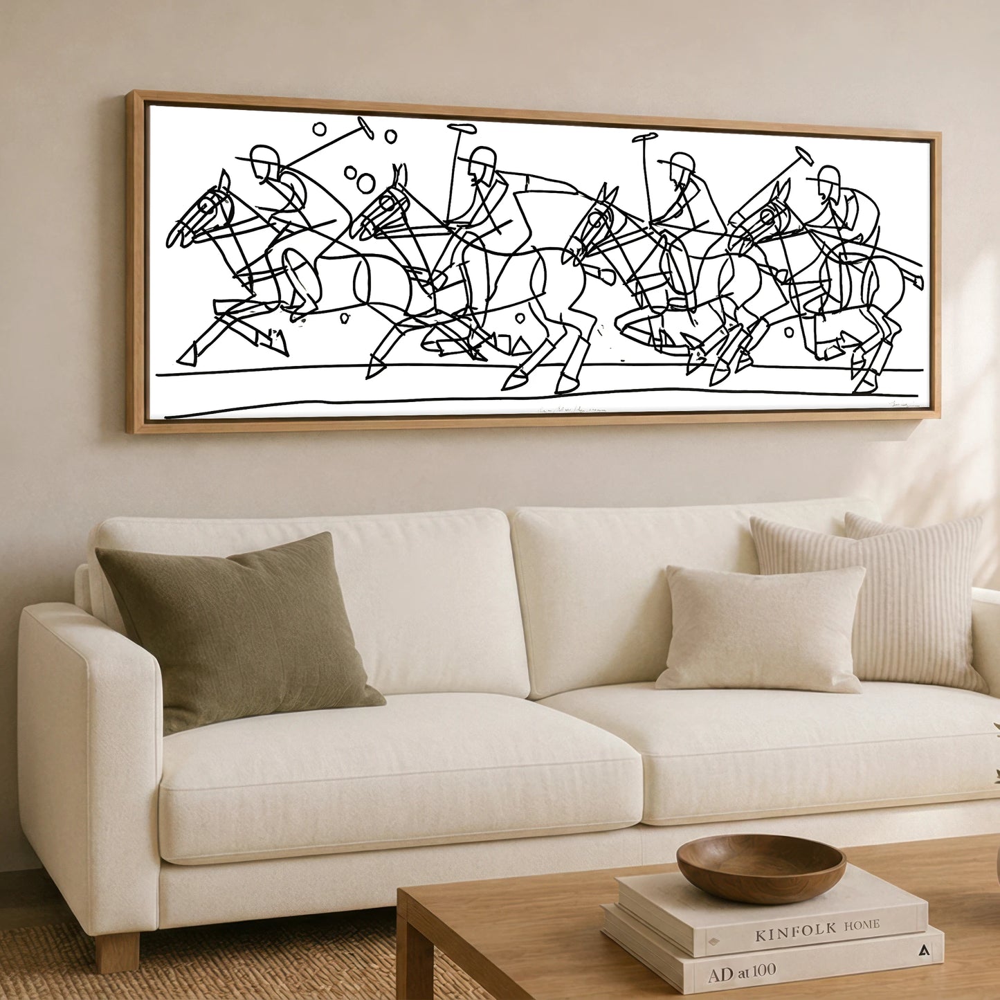 The Polo Line Polo Horse panoramic canvas wall art displayed above a sofa