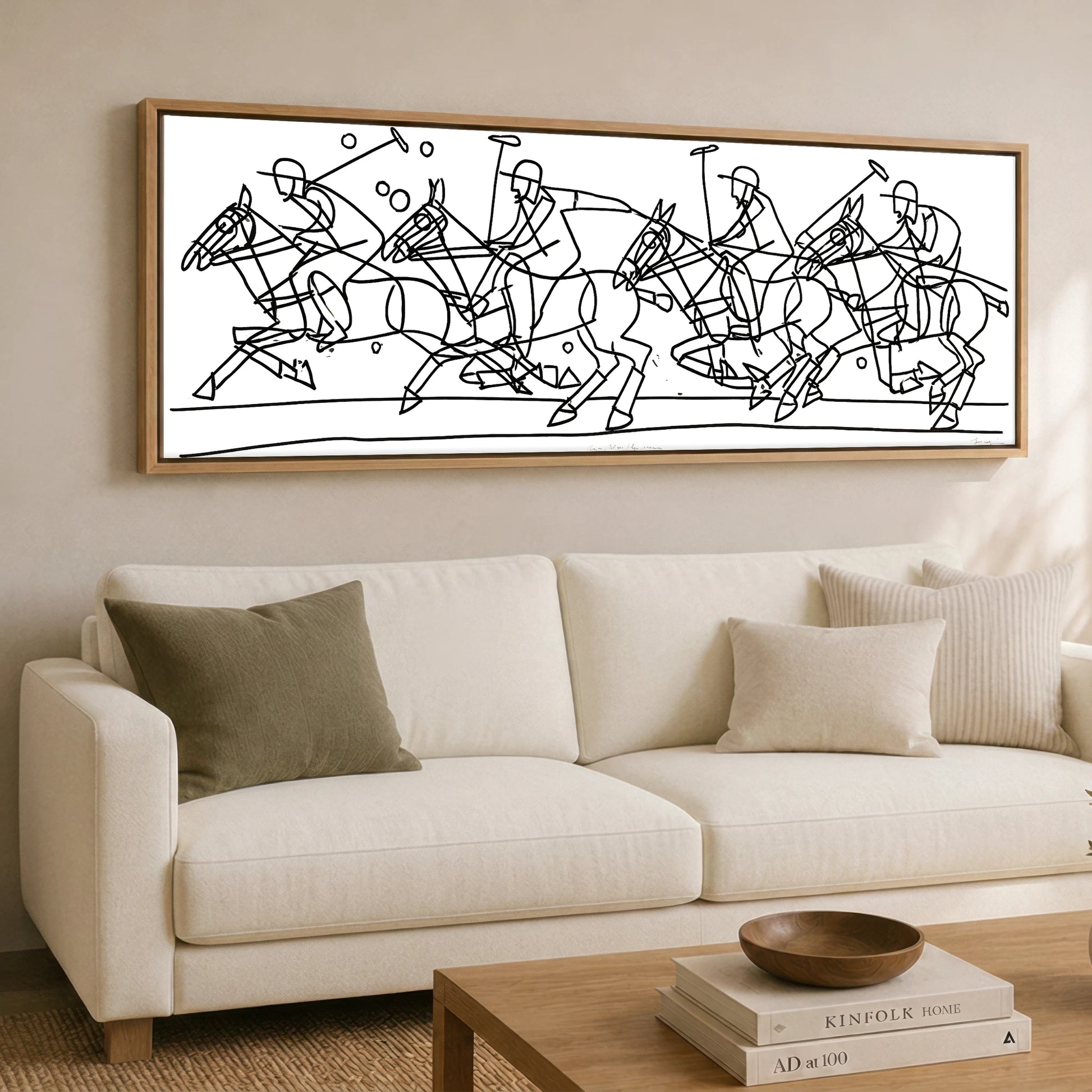 The Polo Line Polo Horse panoramic canvas wall art displayed above a sofa