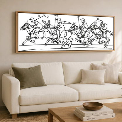 The Polo Line Polo Horse panoramic canvas wall art displayed above a sofa