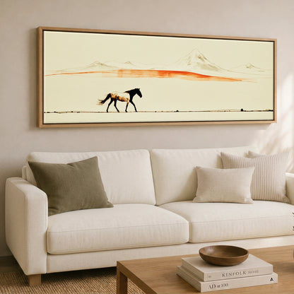 The Amber Horizon Horse Landscape panoramic canvas wall art displayed above a sofa