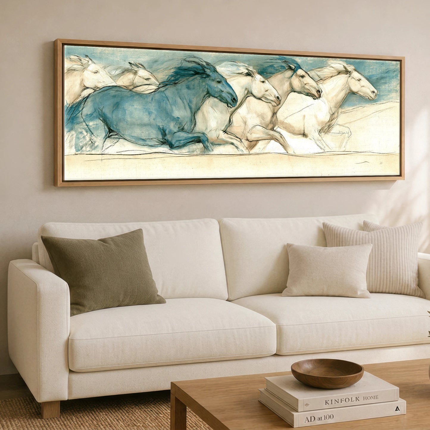 Azure Stride Horse Landscape panoramic canvas wall art displayed above a sofa