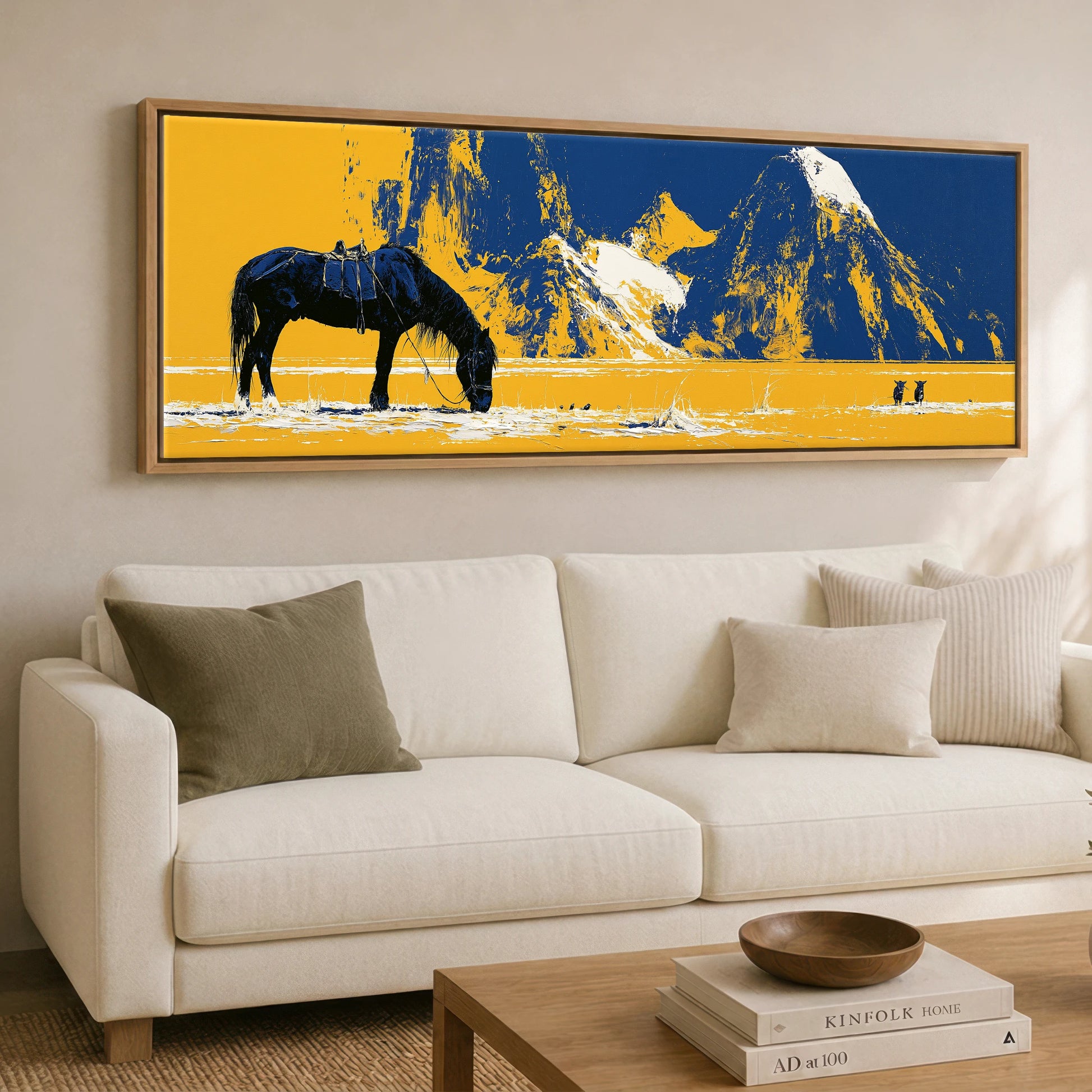 Ochre Plains and Navy Peaks Horse Landscape panoramic canvas wall art displayed above a sofa