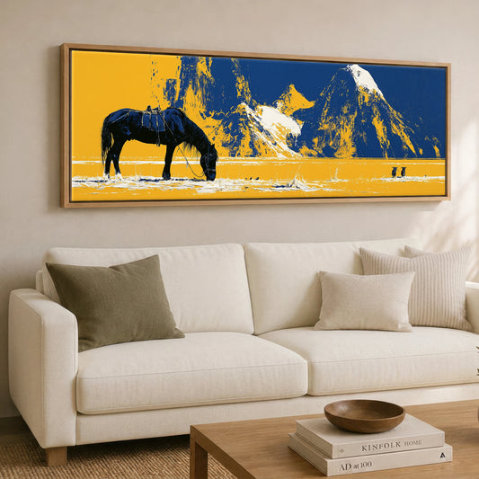 Ochre Plains and Navy Peaks Horse Landscape panoramic canvas wall art displayed above a sofa