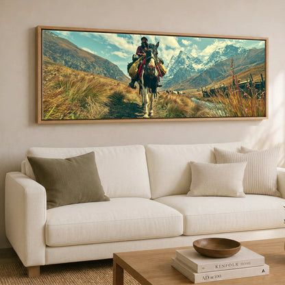 The High Pass Horse Landscape panoramic canvas wall art displayed above a sofa