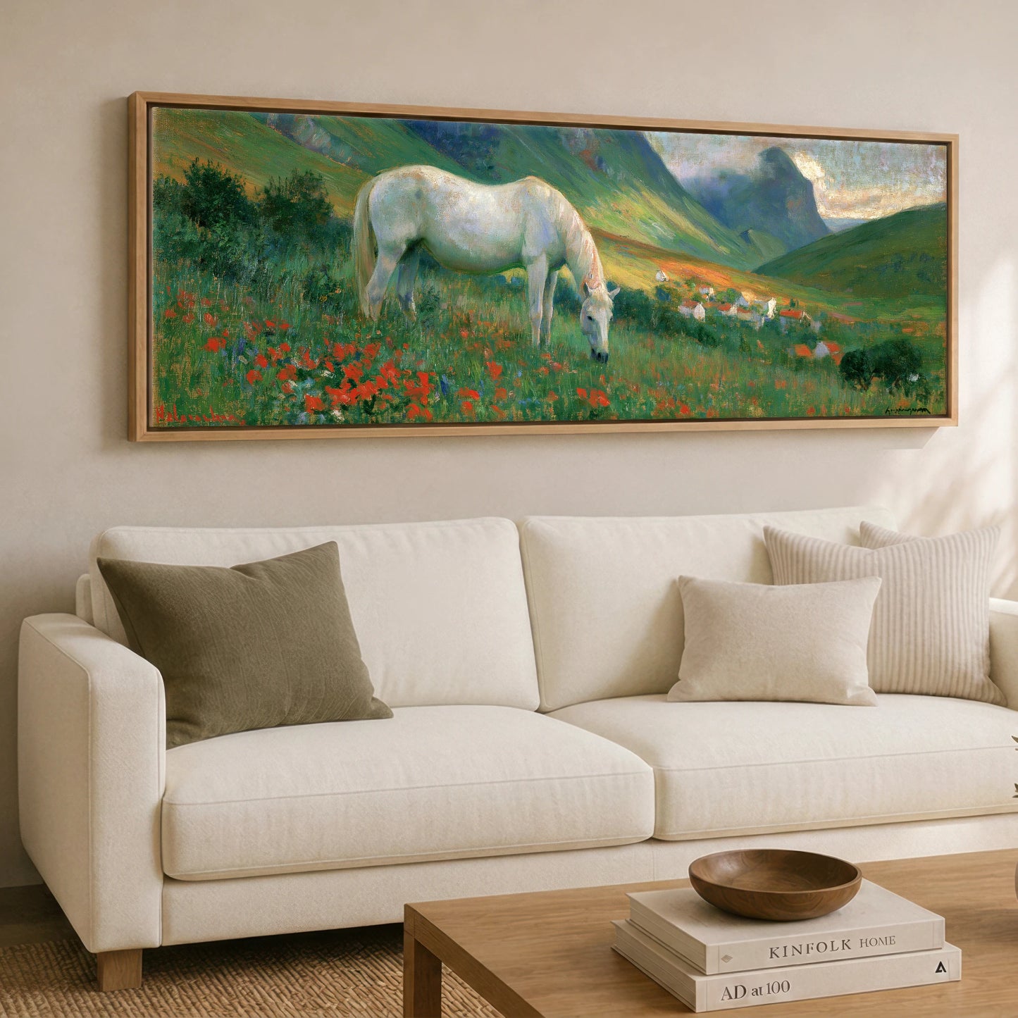 Summer Valley Grazing Horse Landscape panoramic canvas wall art displayed above a sofa