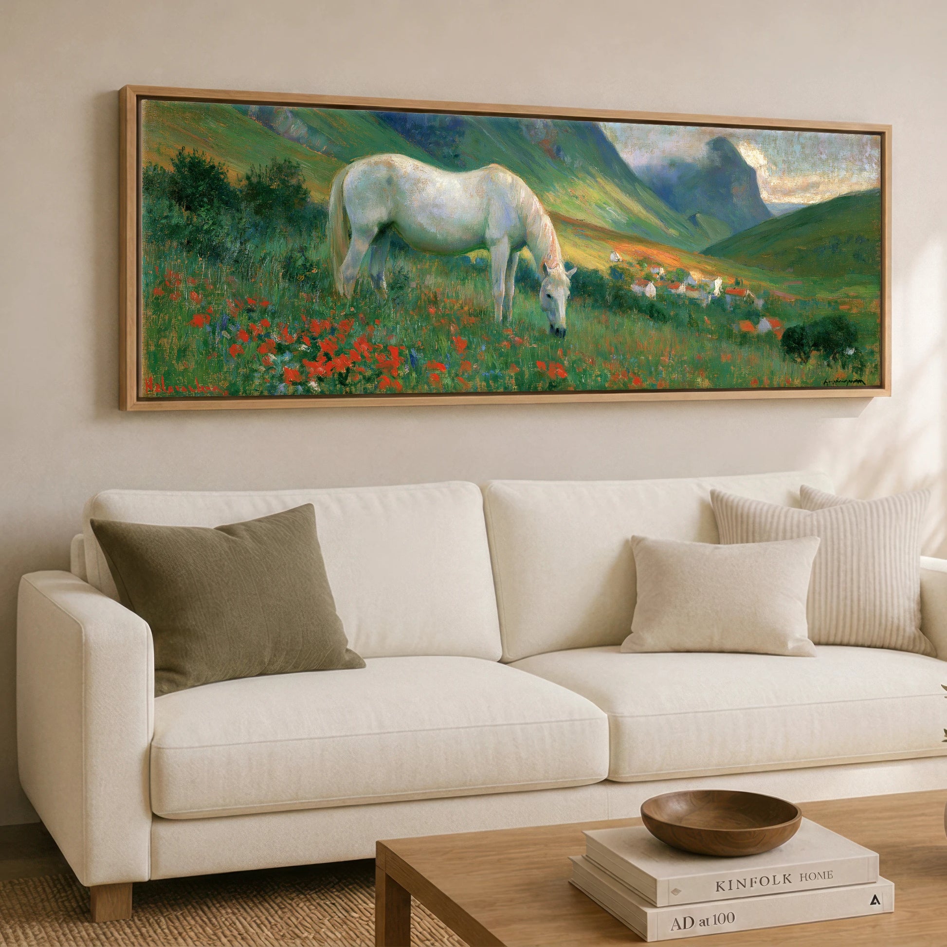 Summer Valley Grazing Horse Landscape panoramic canvas wall art displayed above a sofa