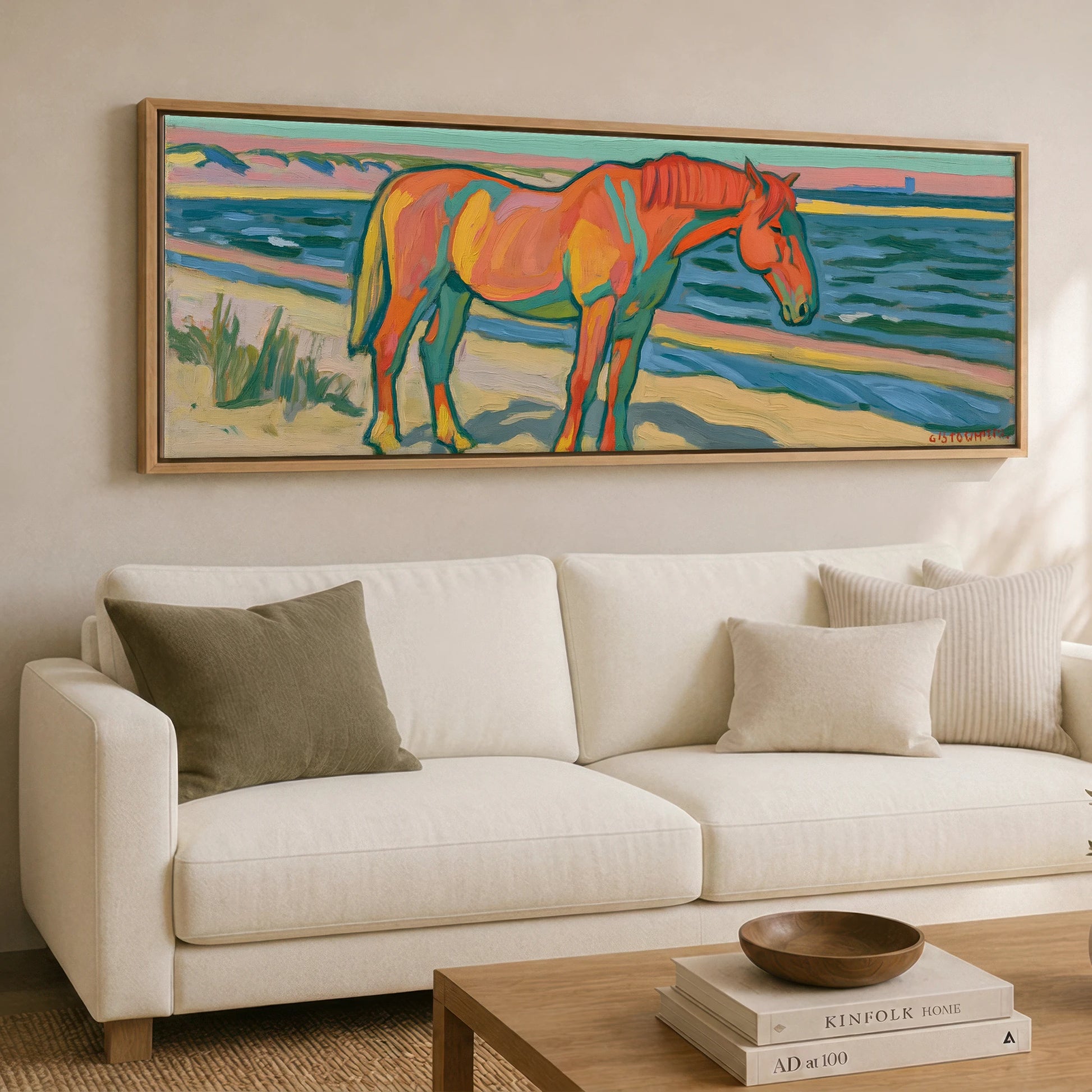 Vibrant Coastal Equine Horse Landscape panoramic canvas wall art displayed above a sofa