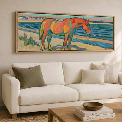 Vibrant Coastal Equine Horse Landscape panoramic canvas wall art displayed above a sofa