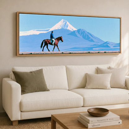 Beneath Vast Peaks Horse Landscape panoramic canvas wall art displayed above a sofa