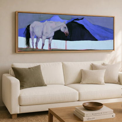 Cobalt and Shadow Horse Landscape panoramic canvas wall art displayed above a sofa