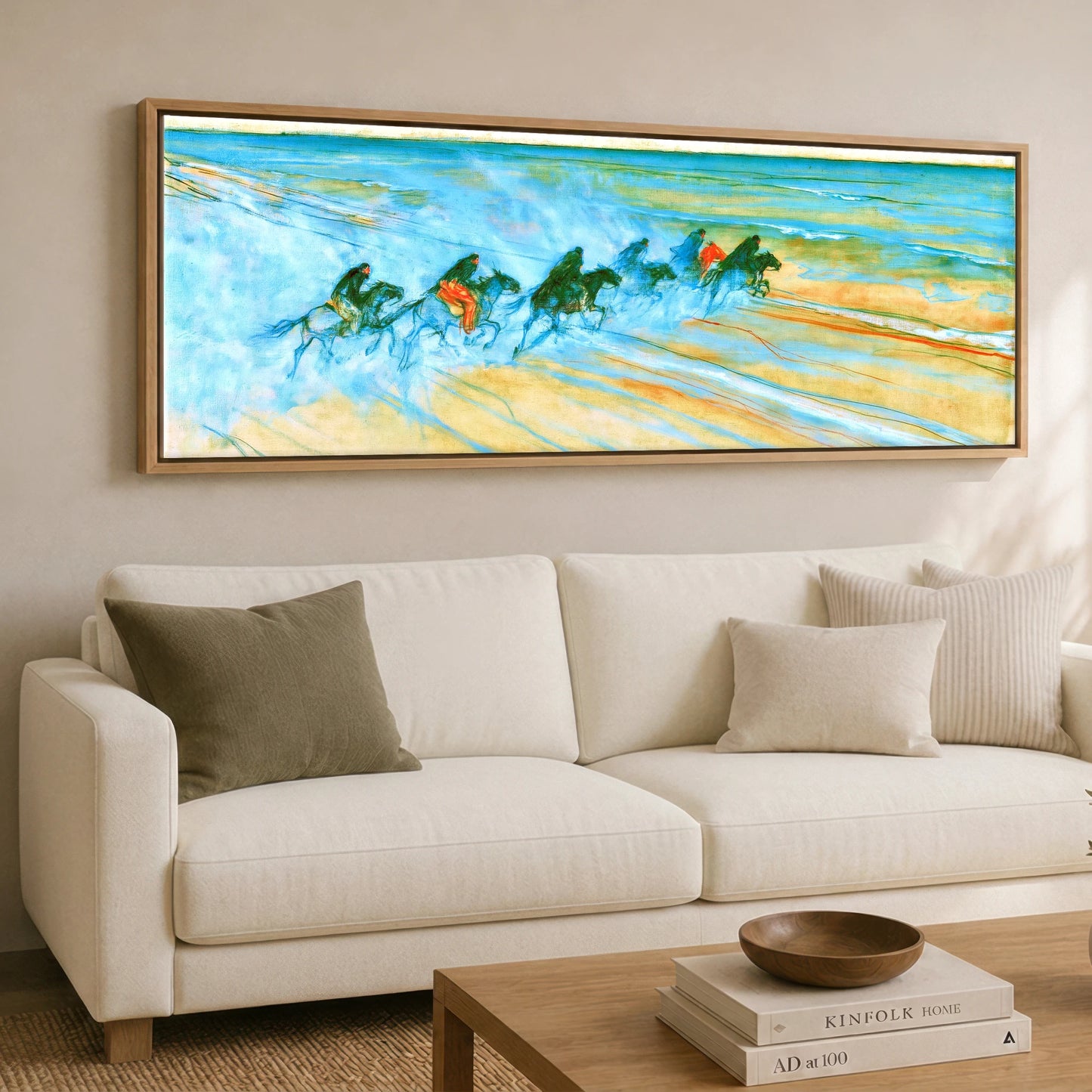 Racing the Tide Beach Horse panoramic canvas wall art displayed above a sofa