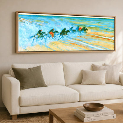 Racing the Tide Beach Horse panoramic canvas wall art displayed above a sofa