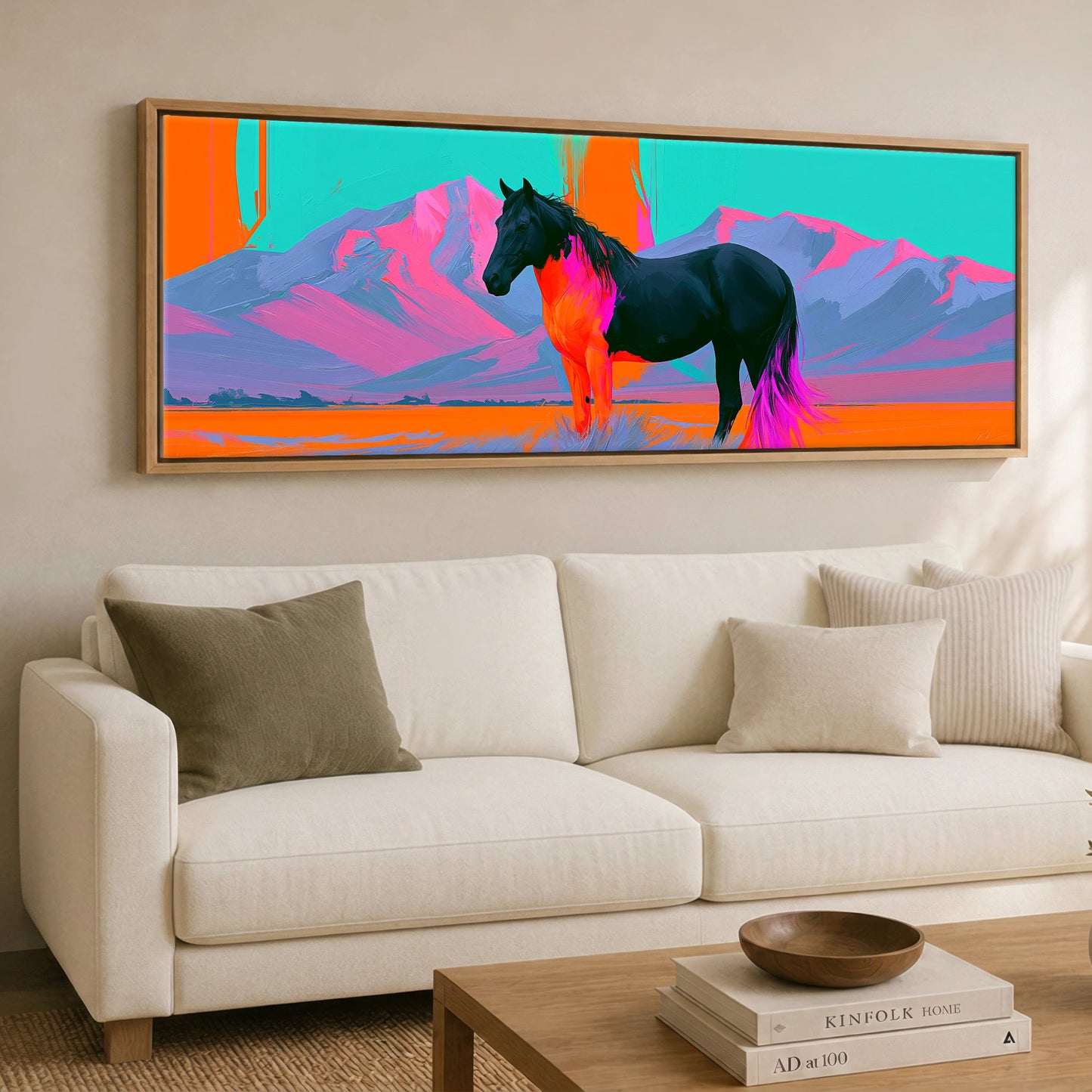 Electric Equine Horizon Horse Landscape panoramic canvas wall art displayed above a sofa